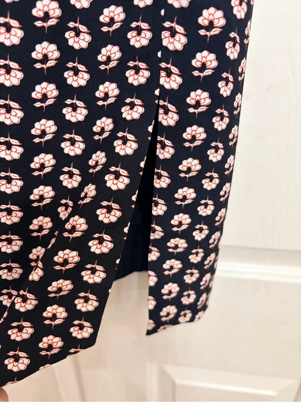 J. Crew Navy Midi Skirt with Tan Floral Dot Print